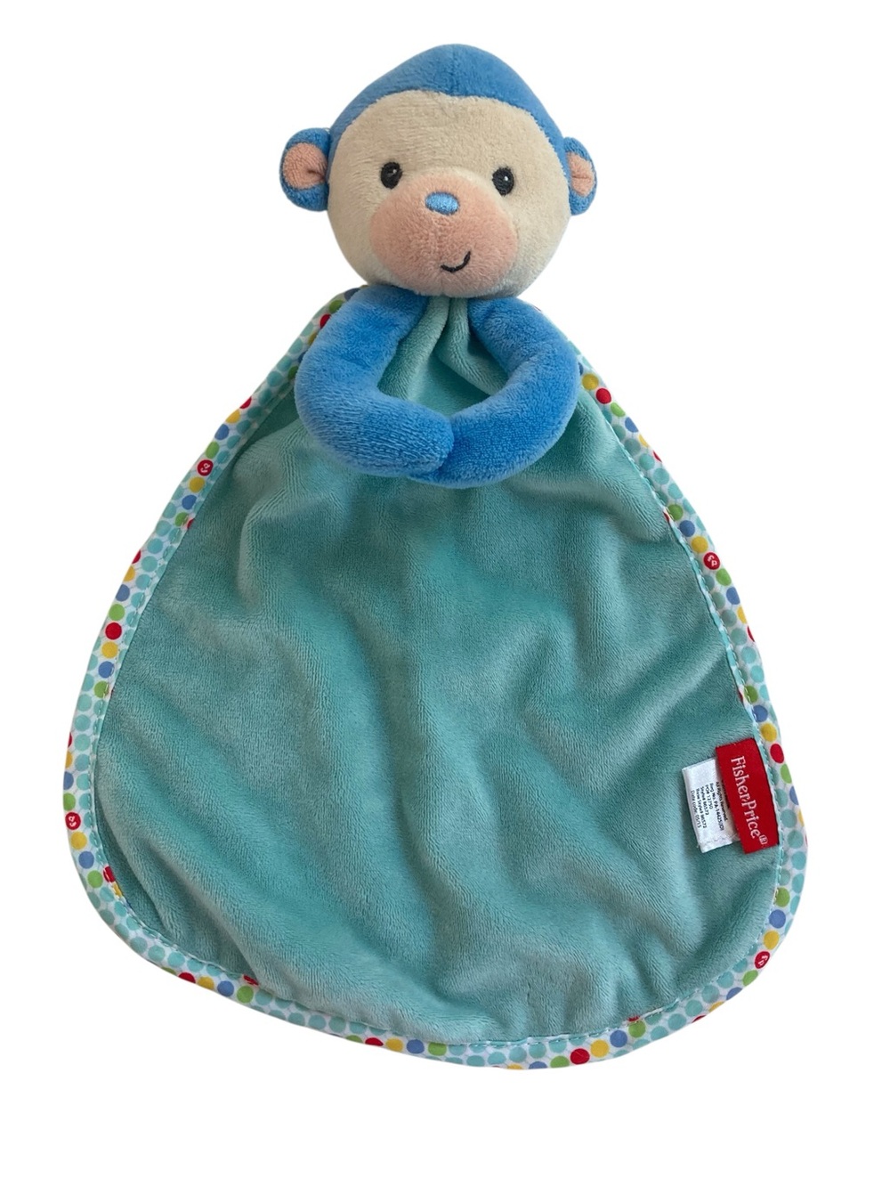 Fisher Price Monkey Lovey 11" Blue Security Blanket Rattle Circle Trim 2015.
